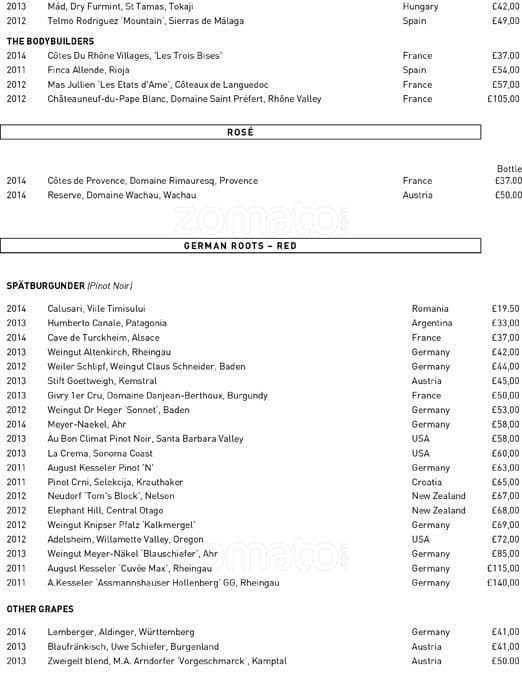Menu at German Gymnasium Restaurant, London