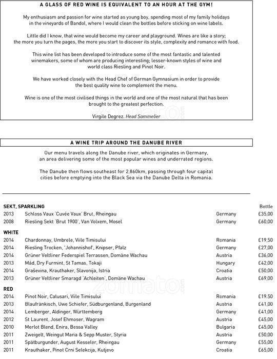 Menu at German Gymnasium Restaurant, London