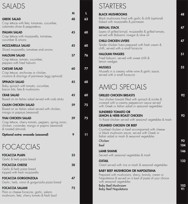 Amici Pizzeria a Sandton Foto del Menu con Prezzi Zomato SA