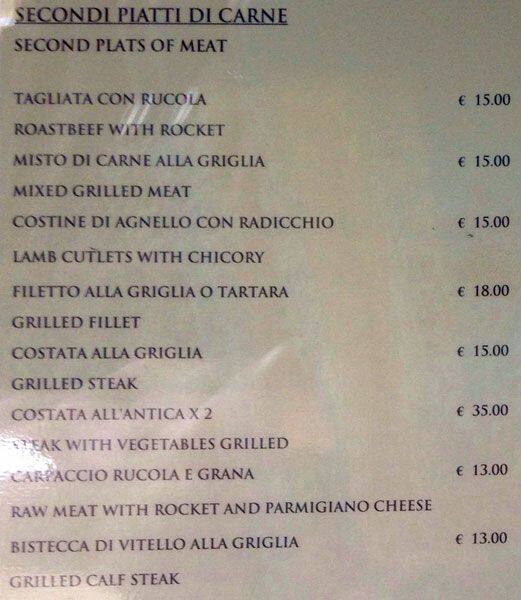 Menu at Ristorante La Bicocca, Milan