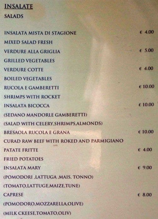 Menu at Ristorante La Bicocca, Milan