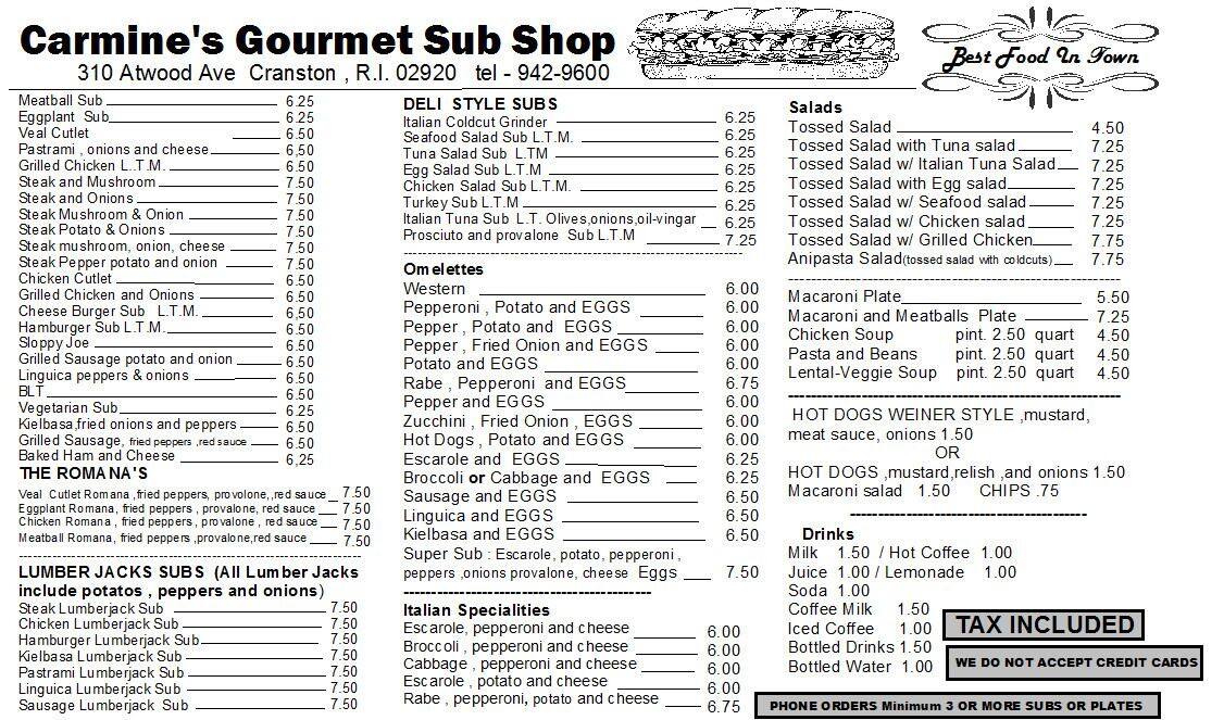 Carmine's Sub Shop Menu, Menu for Carmine's Sub Shop, Cranston