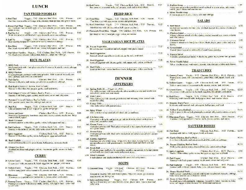 Menu at Bangkok Restaurant, New Orleans