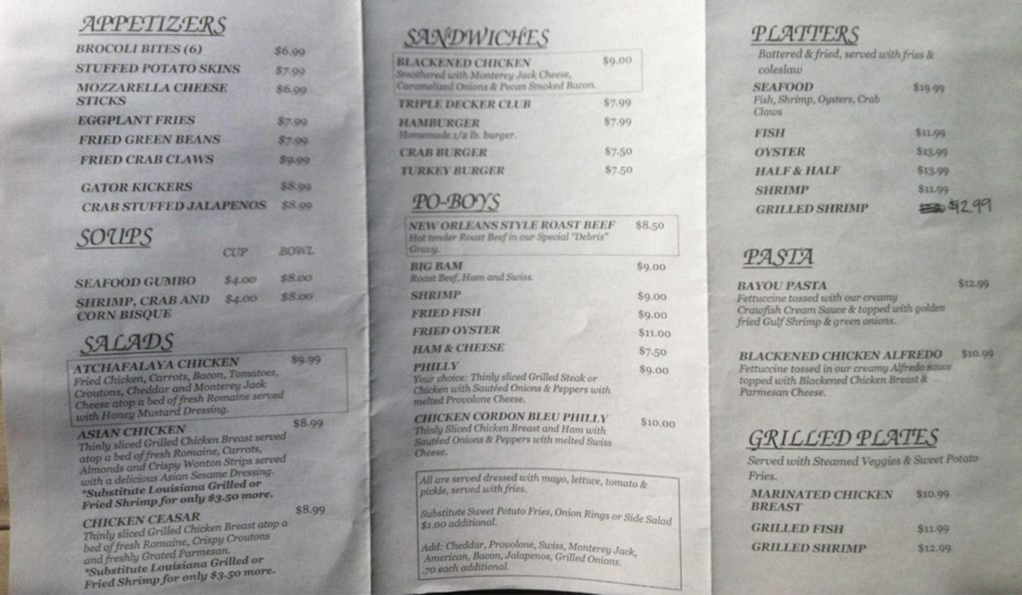 Menu at Atchafalaya Cafe, Morgan City, LA-182