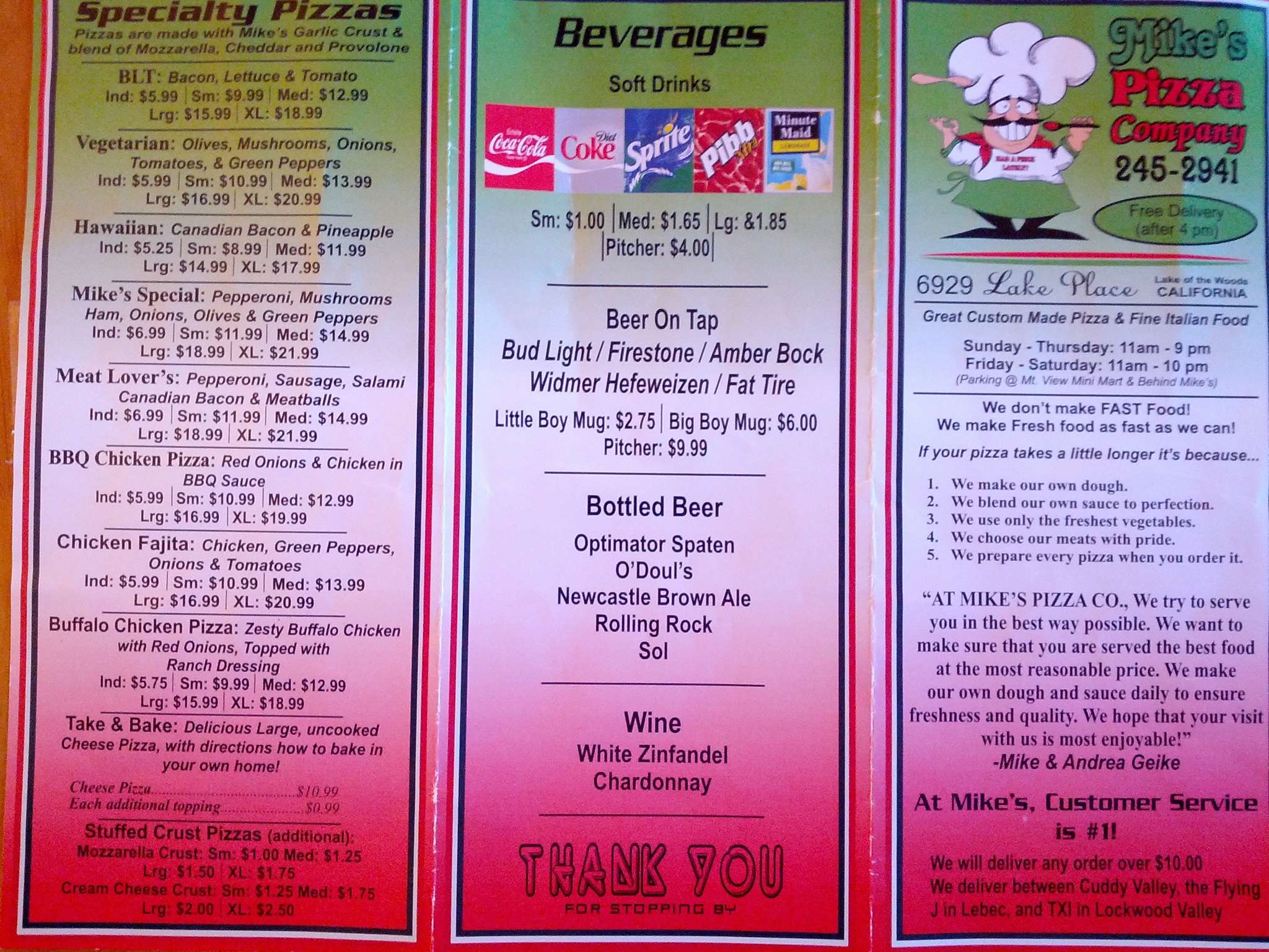 Menu at Mike's Pizza Co pizzeria, Frazier Park