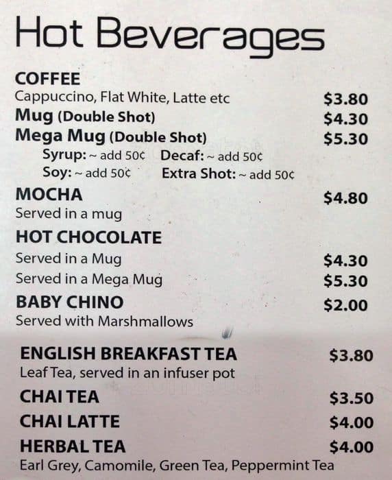 Menu at Pink Lotus cafe, Gold Coast