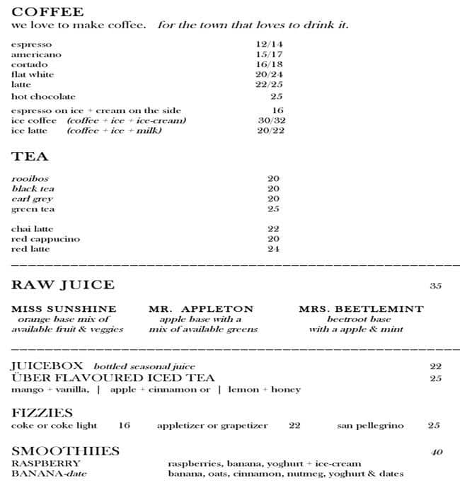 Menu at Meraki cafe, Cape Town, 43 Church St