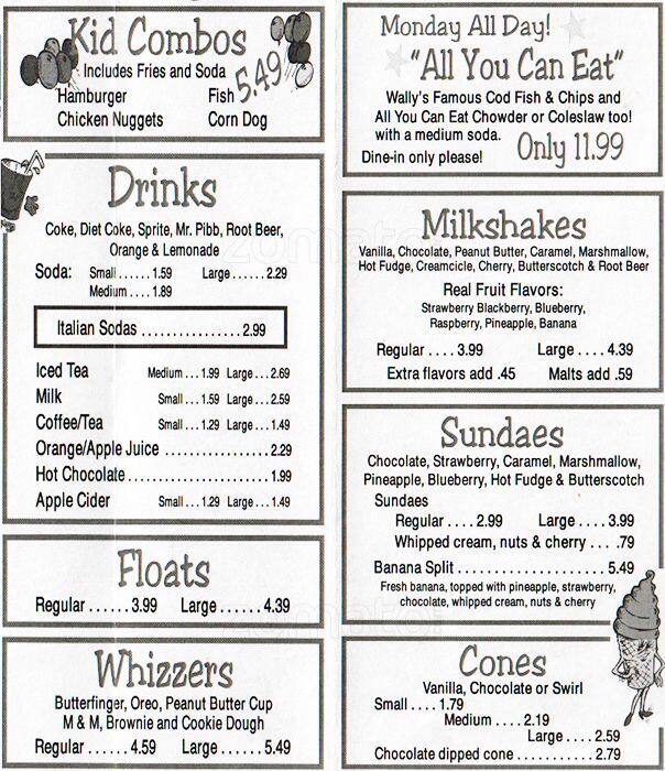 Menu at Wally's DriveIn restaurant, Buckley