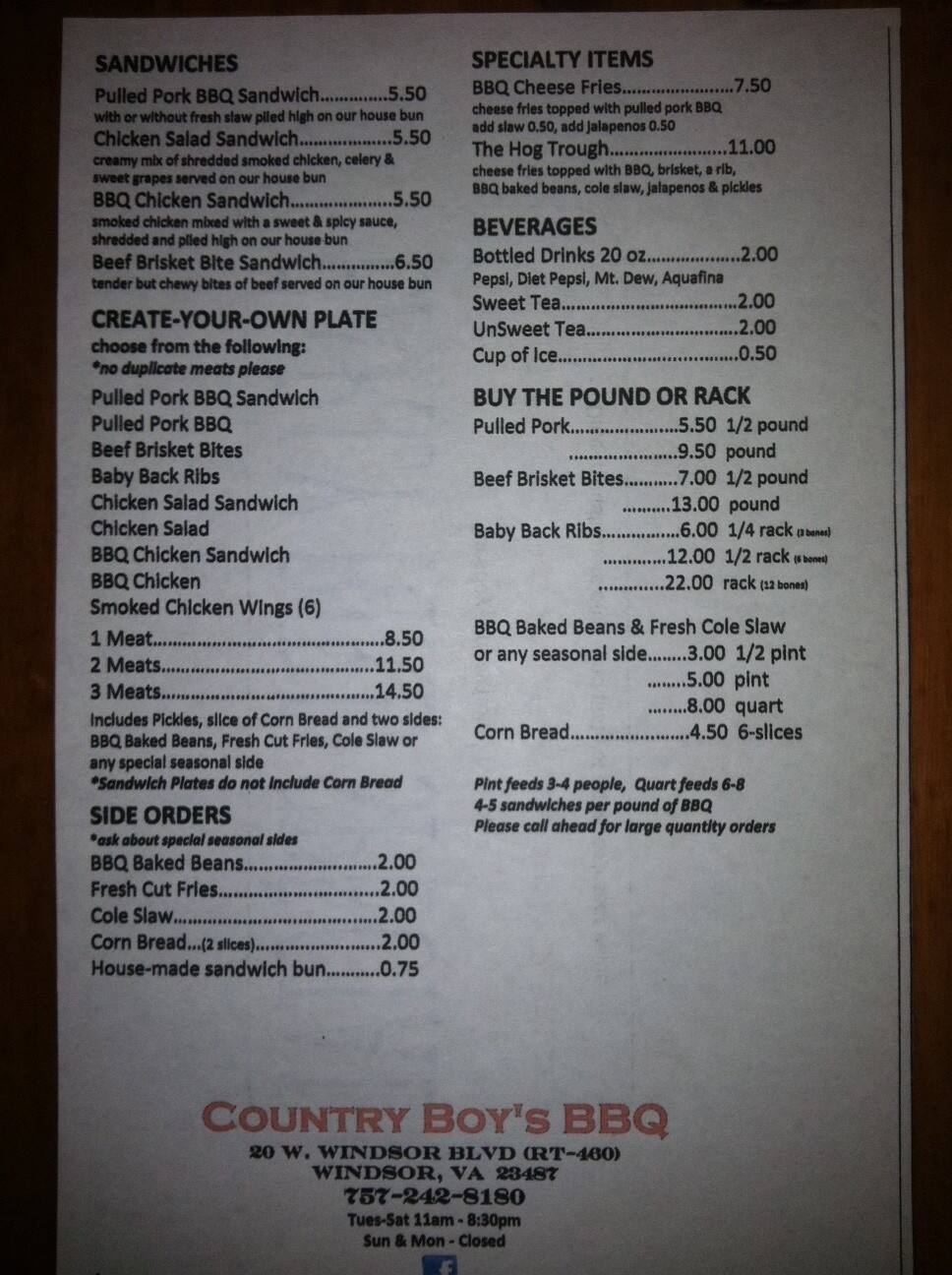 Country Boys BBQ a Hampton Roads Foto del Menu con Prezzi Urbanspoon