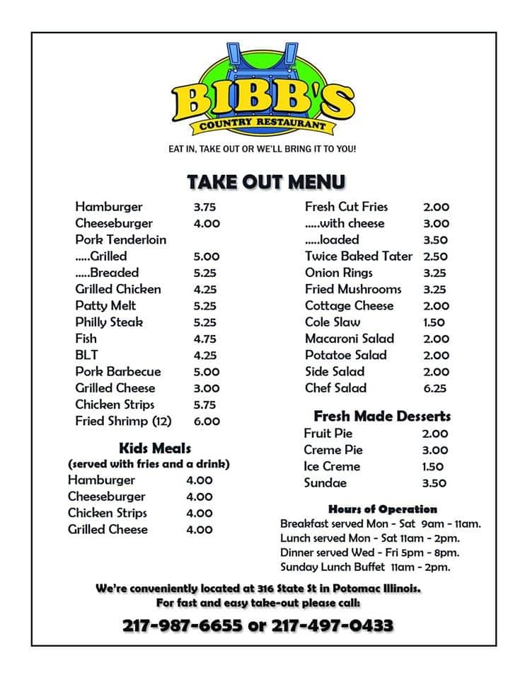 Bibbs Menu Menu at Bibbs Country Restaurant, Gifford