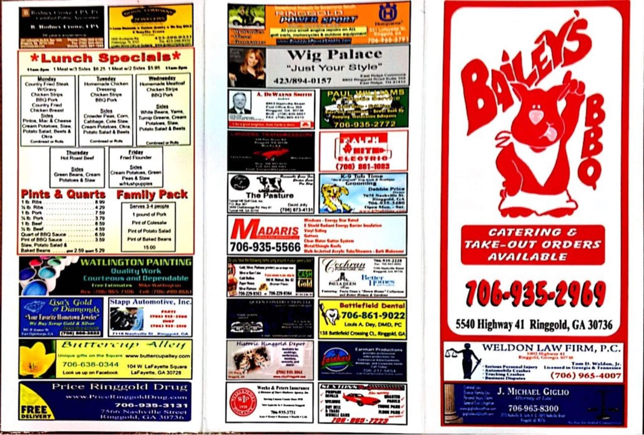 Menu at Bailey's BarBQue, Ringgold