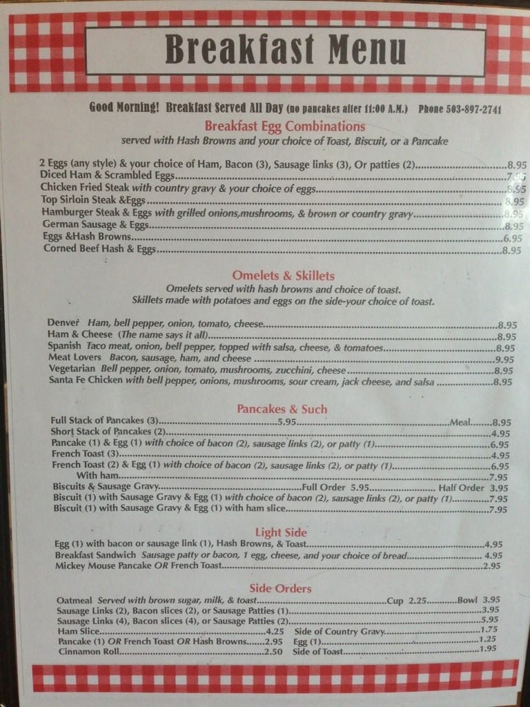 Menu at Mountain Cafe, Mill City