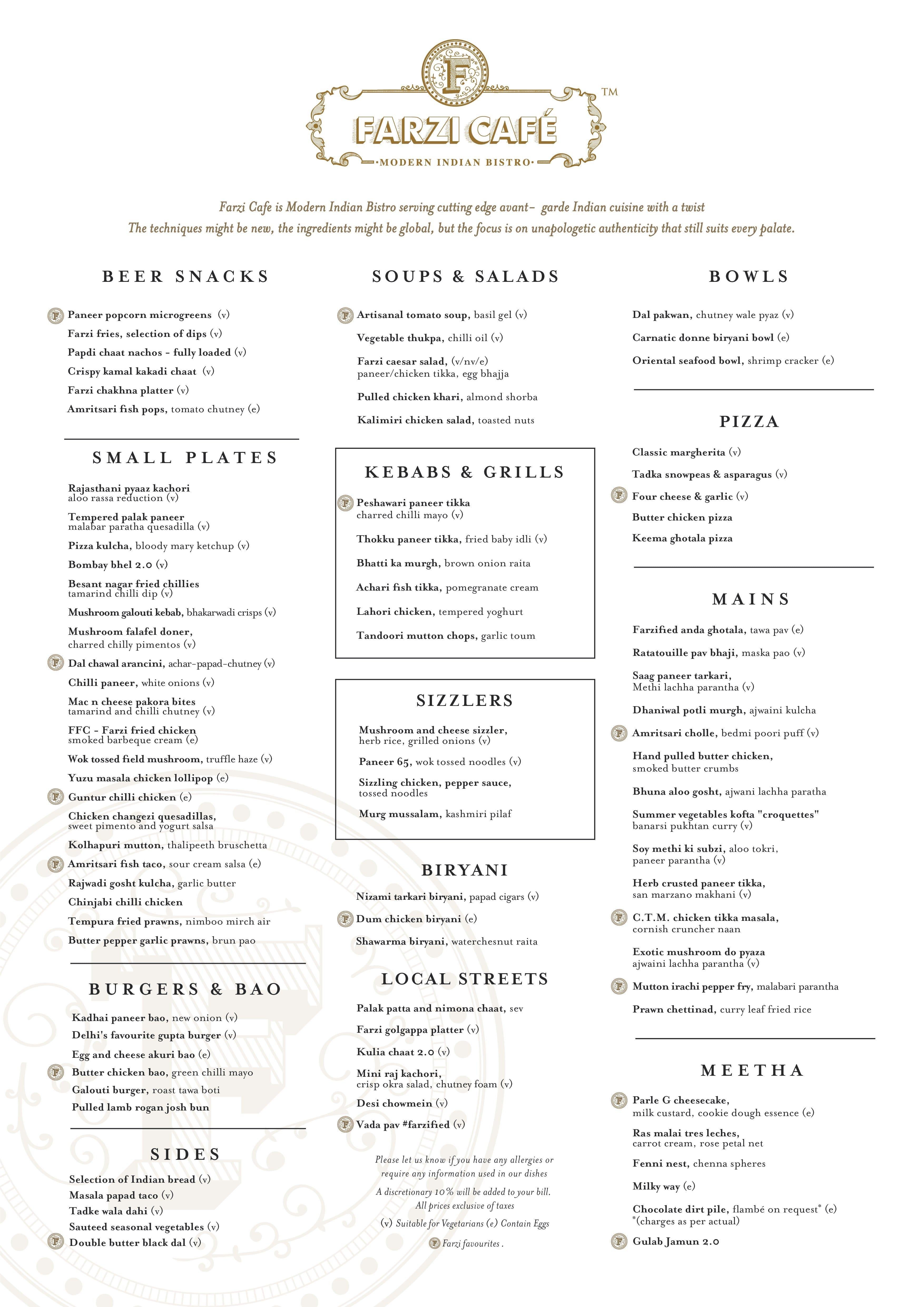 Farzi Cafe, Lucknow menu