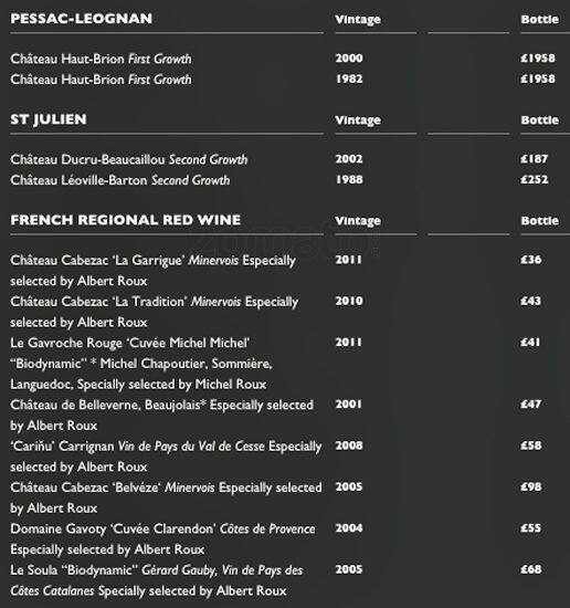 Menu at Roux at Parliament Square restaurant, London