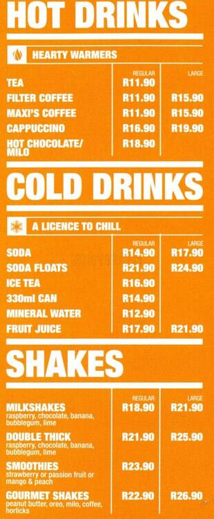 Maxis Menu Three Rivers Menu at Maxi's restaurant, Durban, Davenport Square Centre