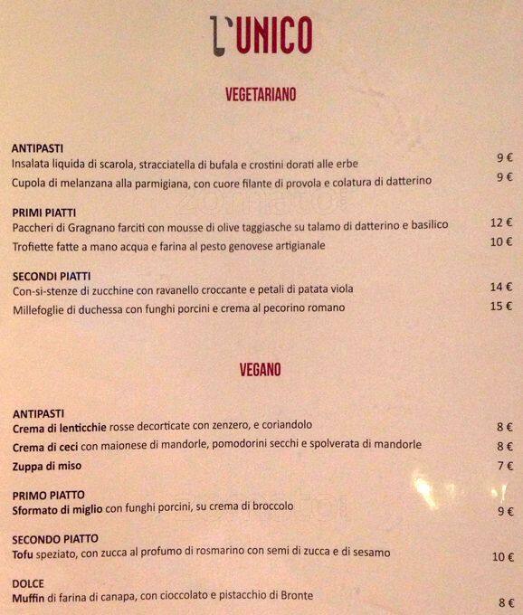 Menu di L'Unico 