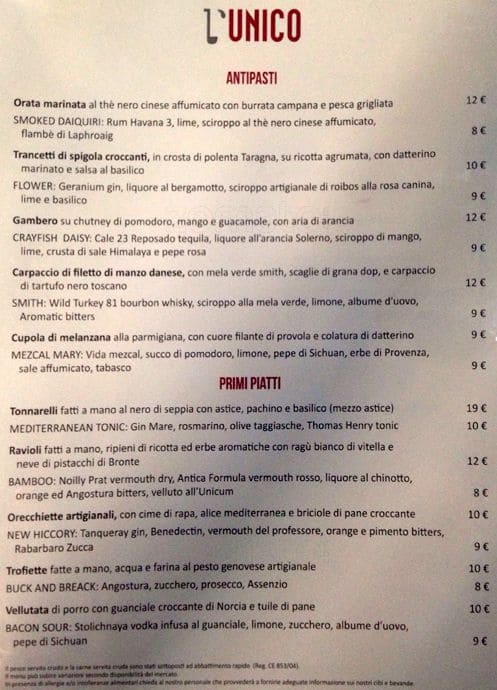 Menu di L'Unico 