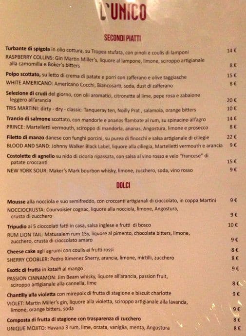 Menu di L'Unico 