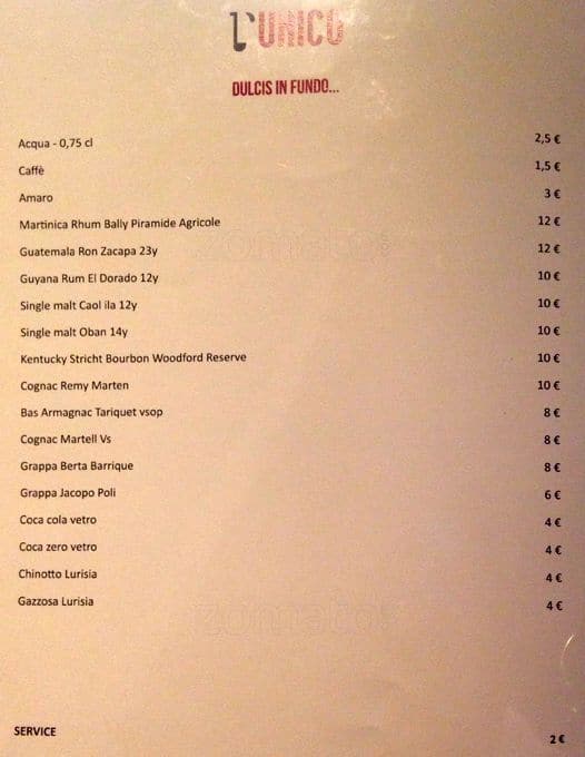 Menu di L'Unico 
