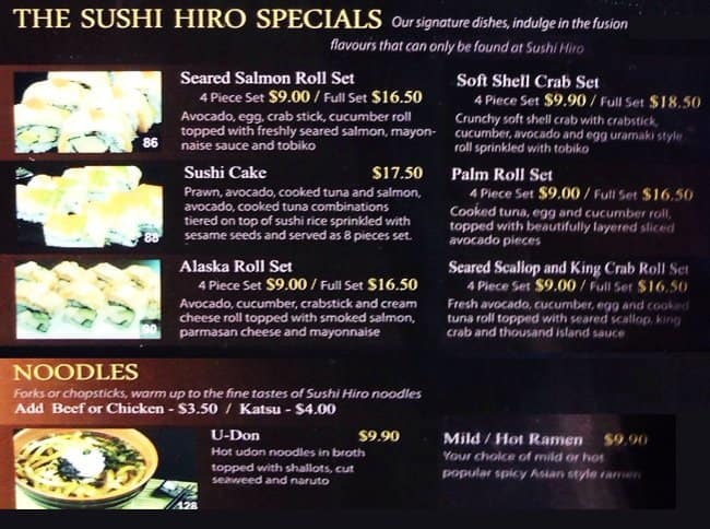 Menu at Sushi Hiro restaurant, Narrabeen