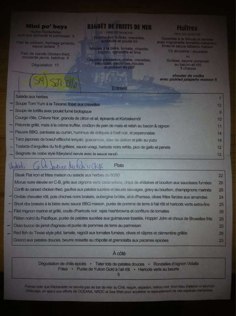 Menu at Montreal restaurant, Montreal