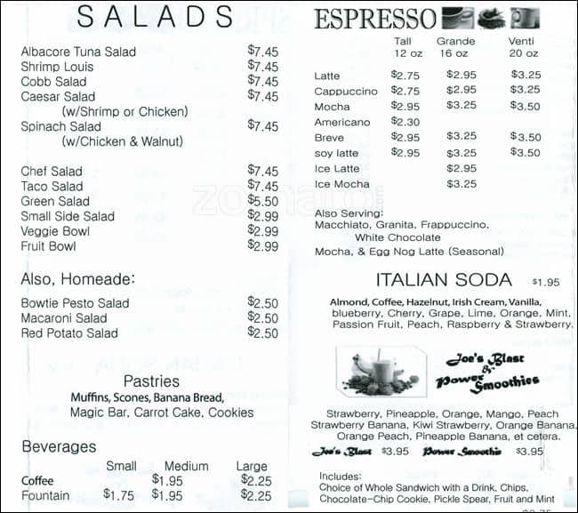 Menu at Joe's Deli restaurant, Federal Way, S 336th St