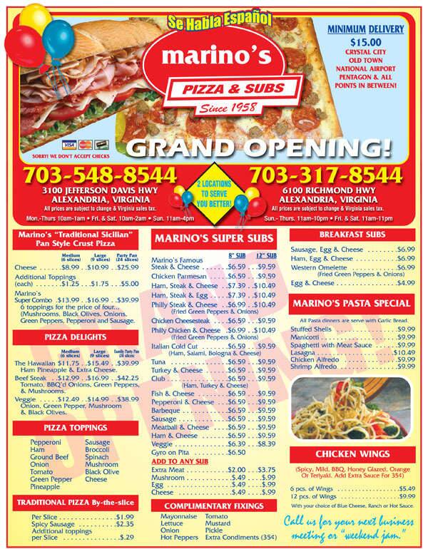 Marino's Pizza & Subs menu Urbanspoon/Zomato