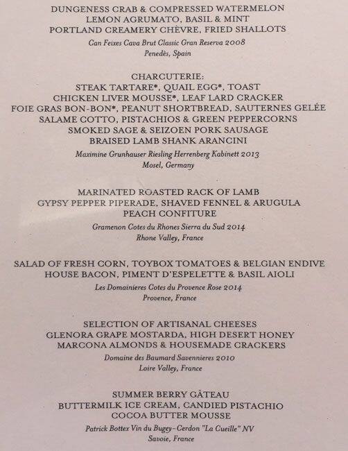 Menu at Beast restaurant, Portland