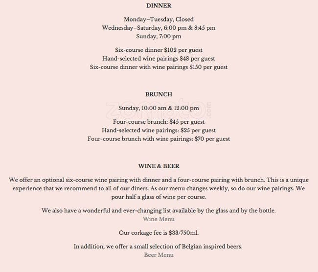 Menu at Beast restaurant, Portland