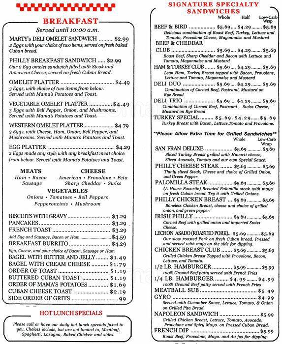 Marty's Deli Menu, Menu for Marty's Deli, Town N Country, Tampa Bay