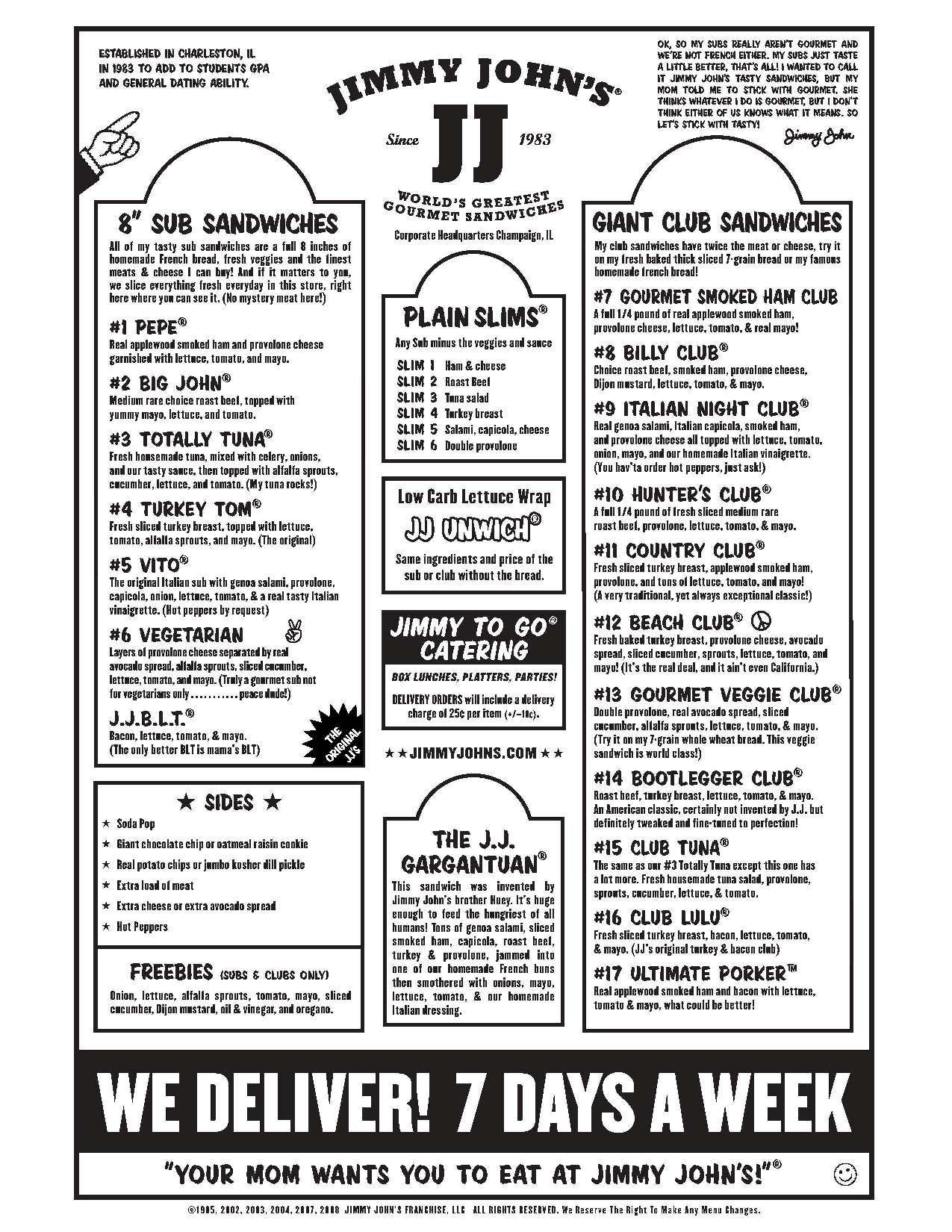 Printable Jimmy Johns Menu Customize And Print