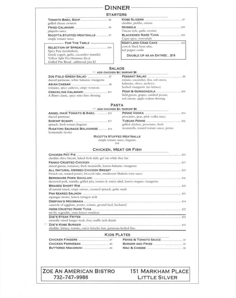 Zoe Menu, Menu for Zoe, Little Silver, Little Silver Urbanspoon/Zomato