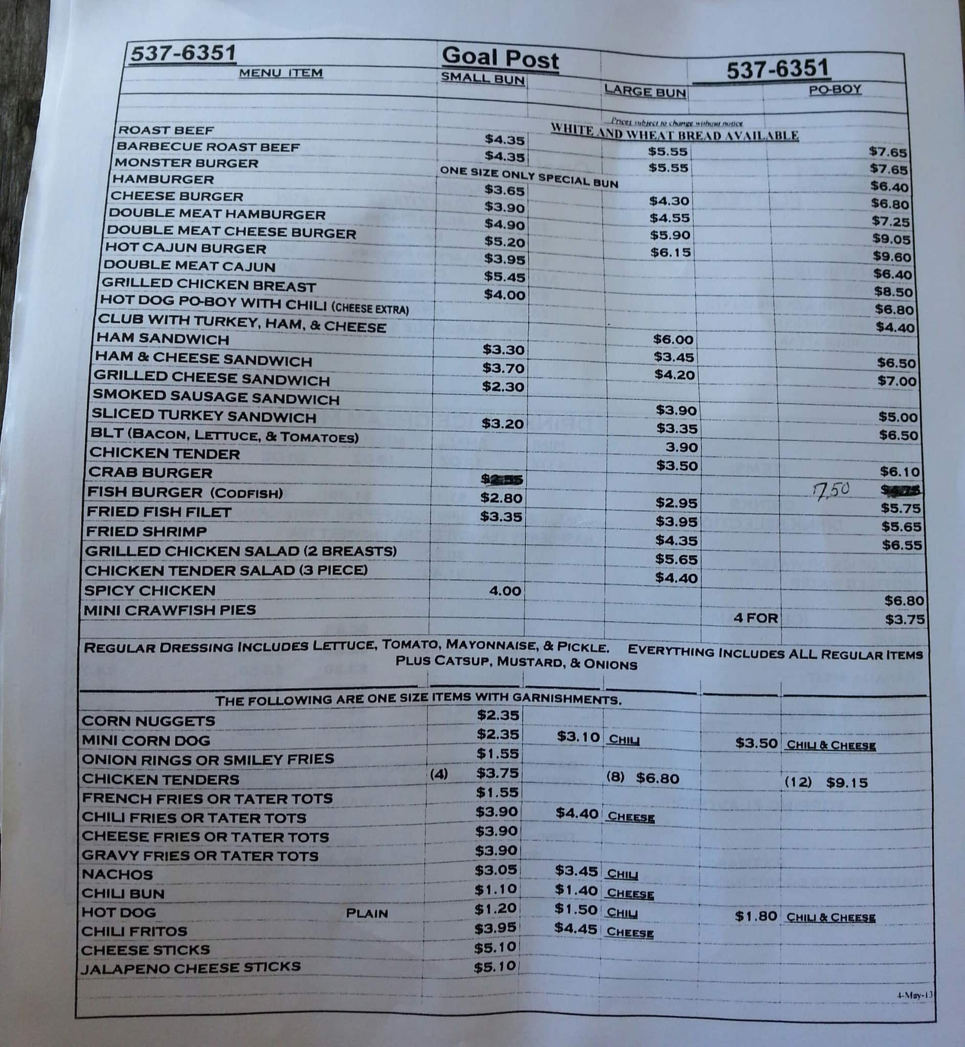 Menu at Goal Post Drive In restaurant, Raceland