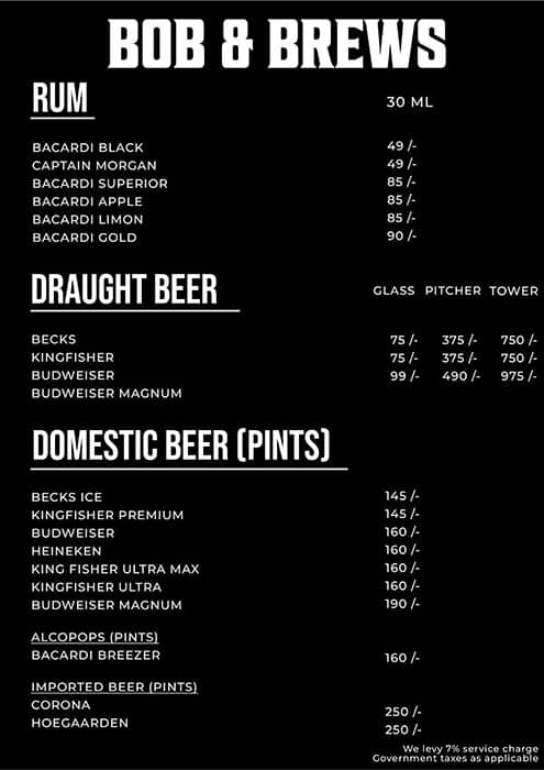 BOB & Brews menu