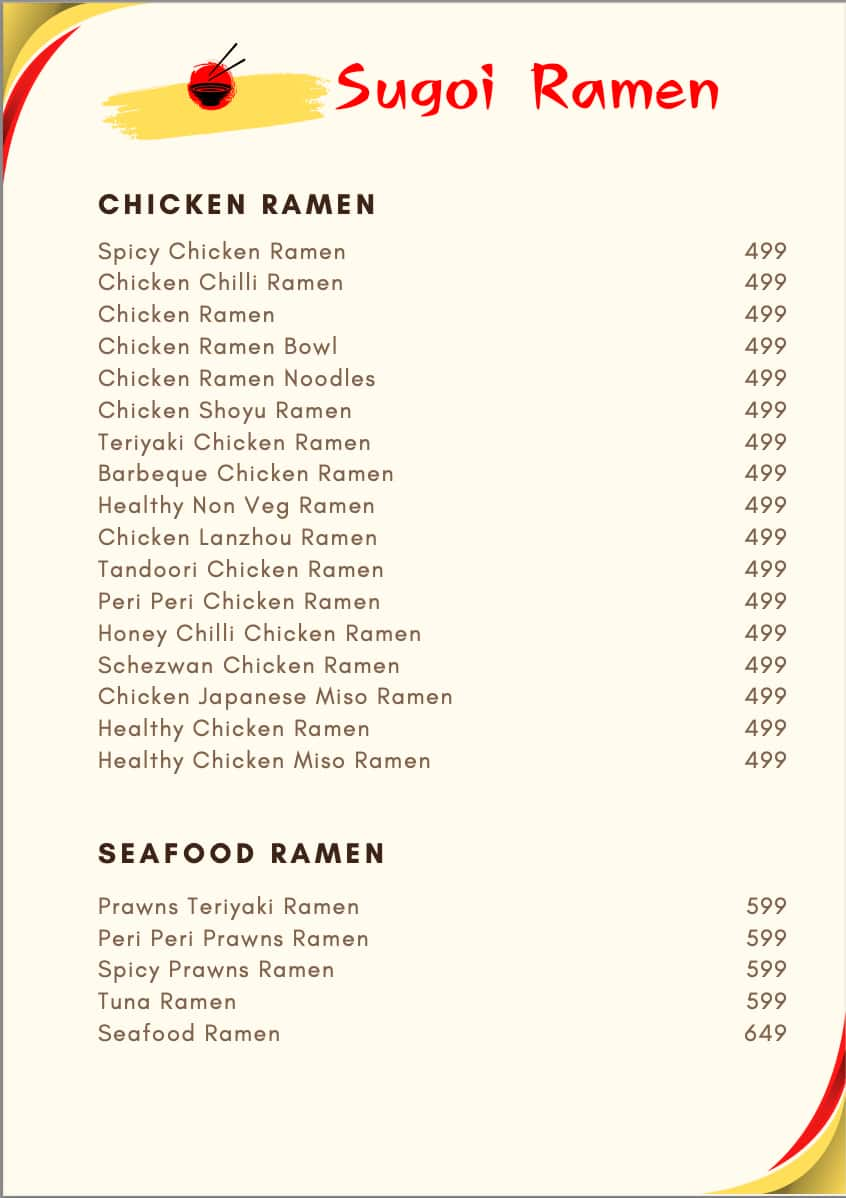 Menu of Sugoi Ramen, Kothrud, Pune