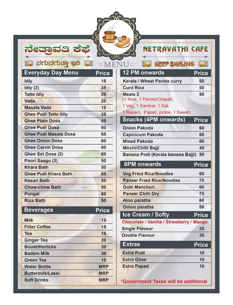 Menu Of Netravathi Cafe, Ulsoor, Bangalore