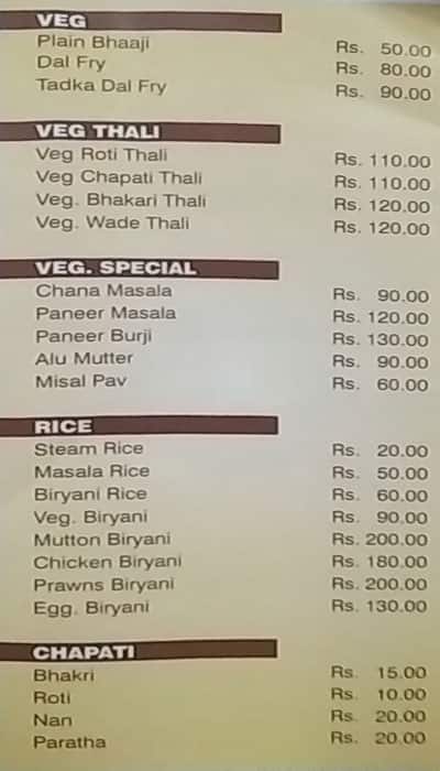 Shubha Bojnalaya menu