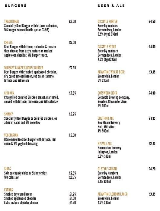 Menu at Whiskey Ginger pub & bar, London