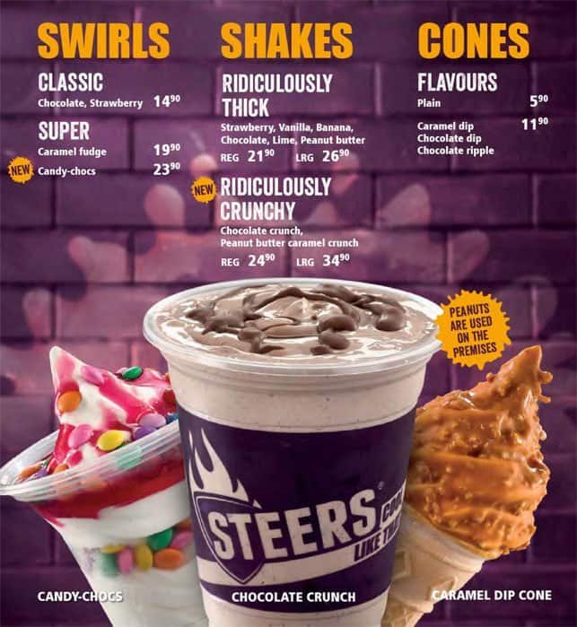 Menu at Steers restaurant, Roodepoort, Ninth Street