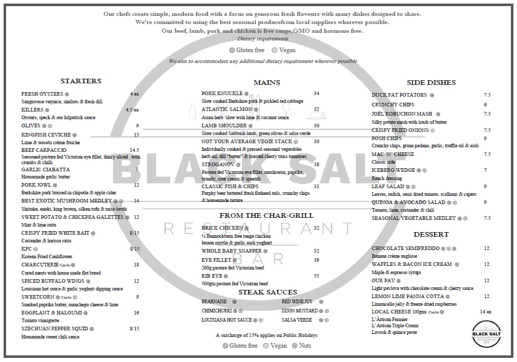 Menu at Black Salt restaurant, Geelong