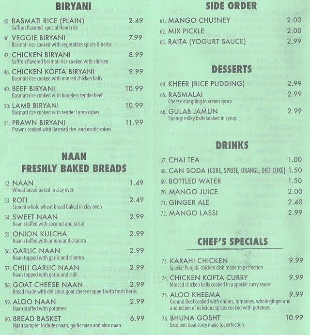 Menu at Noori Pakistani & Indian Cuisine SF restaurant, San Francisco