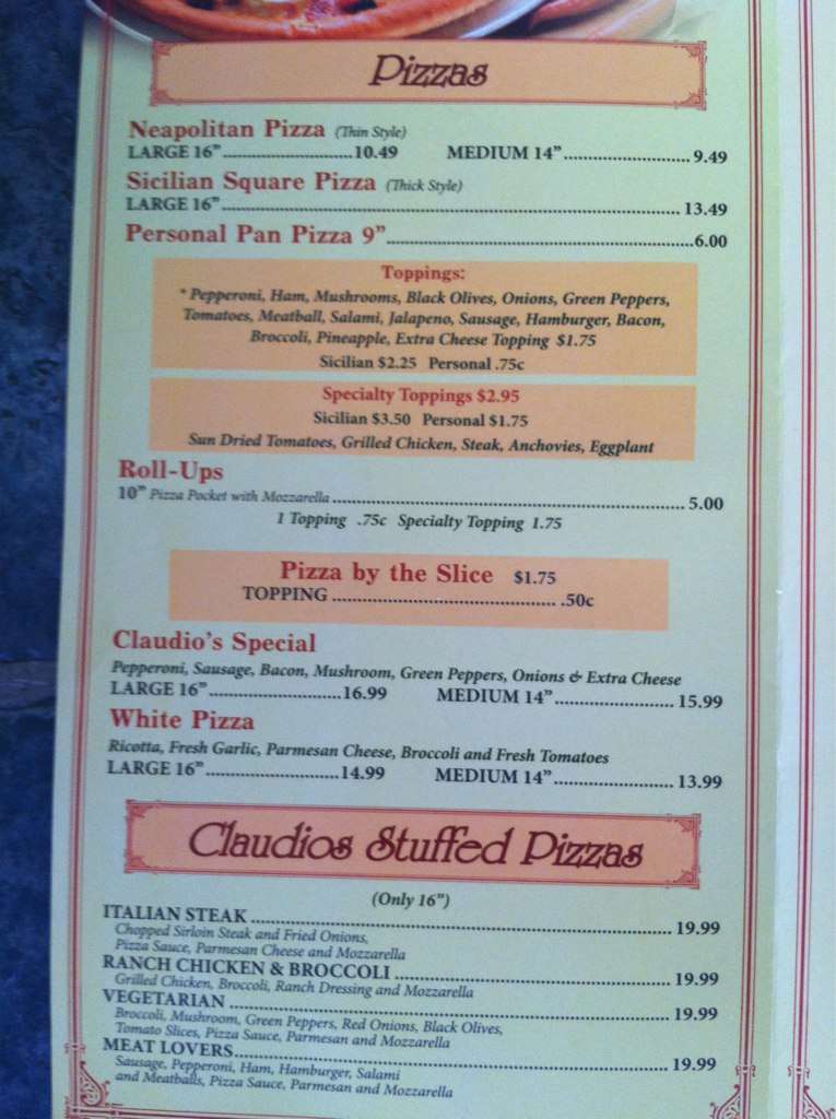 Claudio's Pizza Menu, Menu podniku Claudio's Pizza, Gettysburg