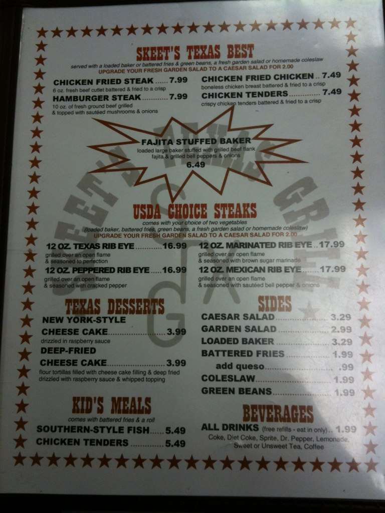 Menu at Skeet's Texas Grill steakhouse, Snyder