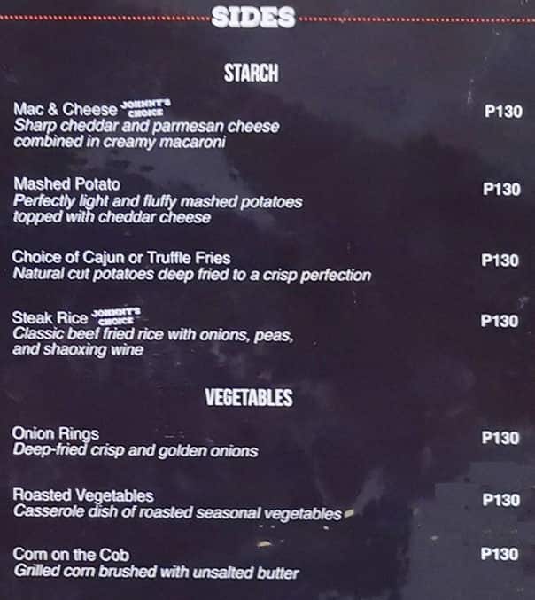 Menu at Johnny's Steak and Grill steakhouse, Quezon City