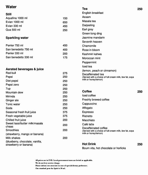 Menu at Chime Sheraton Grand Bengaluru Whitefield Hotel & Convention