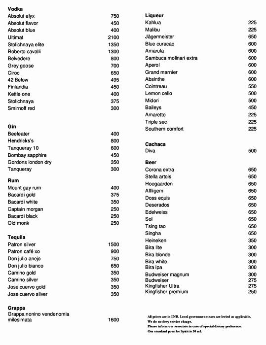 Menu at Chime Sheraton Grand Bengaluru Whitefield Hotel & Convention