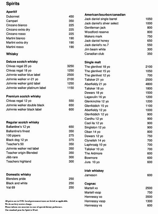 Menu at Chime Sheraton Grand Bengaluru Whitefield Hotel & Convention