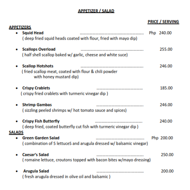 Menu at Fishes Seafood and Wine IL Corso restaurant, Cebu City