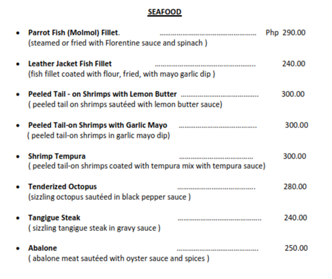 Menu at Fishes Seafood and Wine IL Corso restaurant, Cebu City
