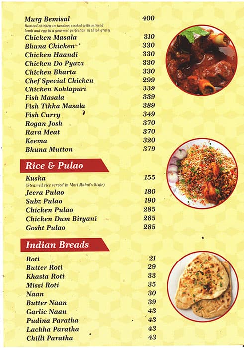 Menu at Moti Mahal, Bhopal, Narmadapuram Rd